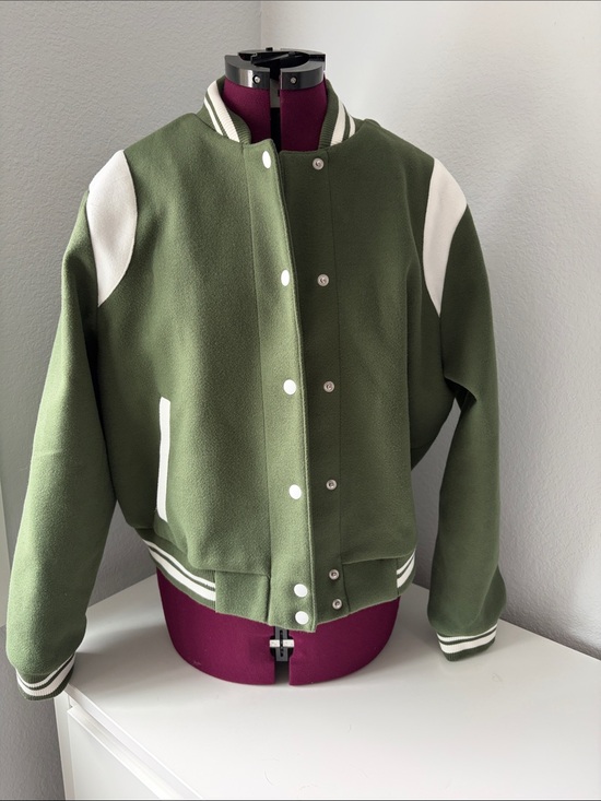 Free Assembly Jackets & Blazers - Olive Green Varsity Jacket with White Accents